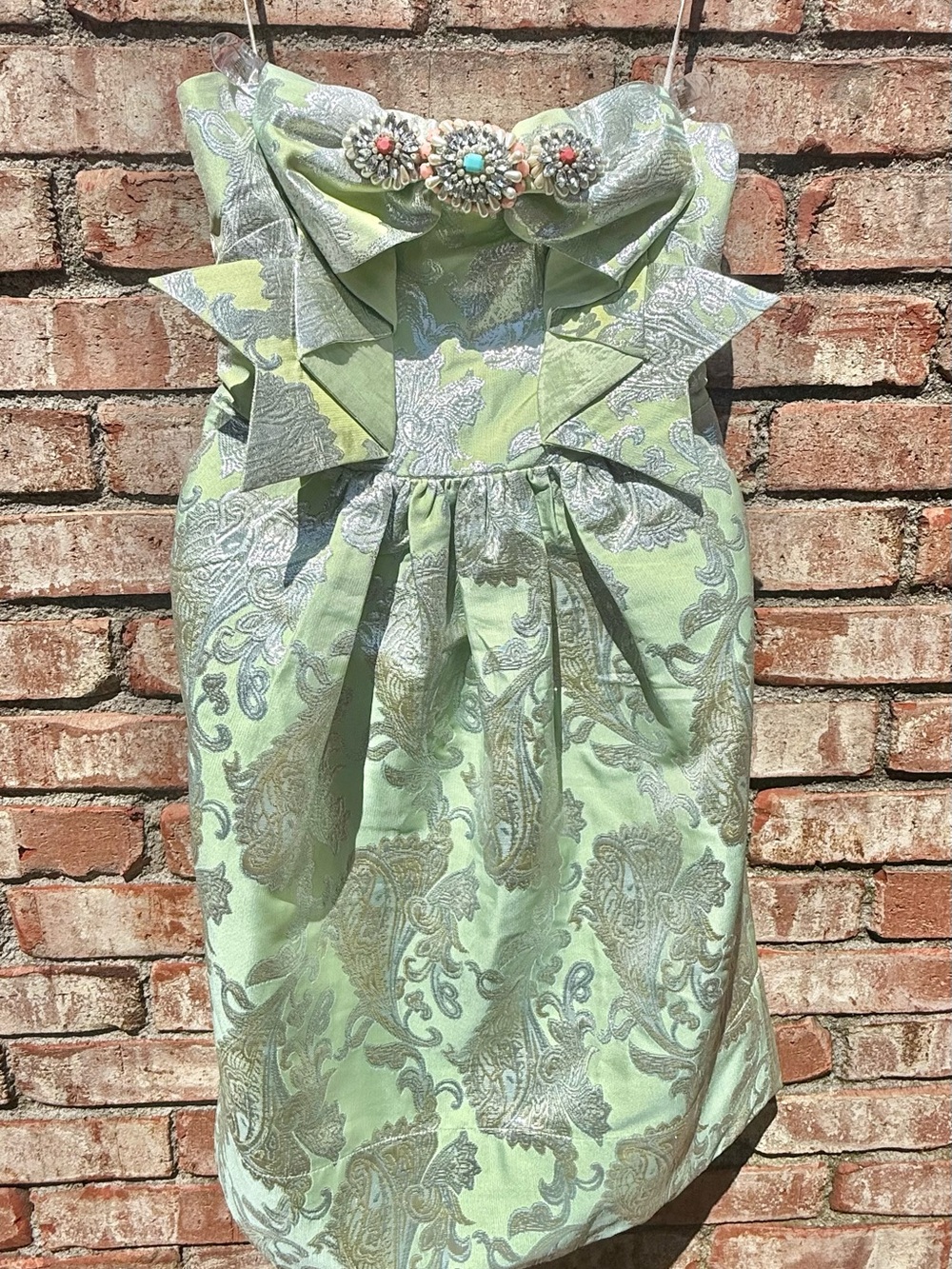 Girls Light Green Paisley Formal Dress with Jeweled Neckline